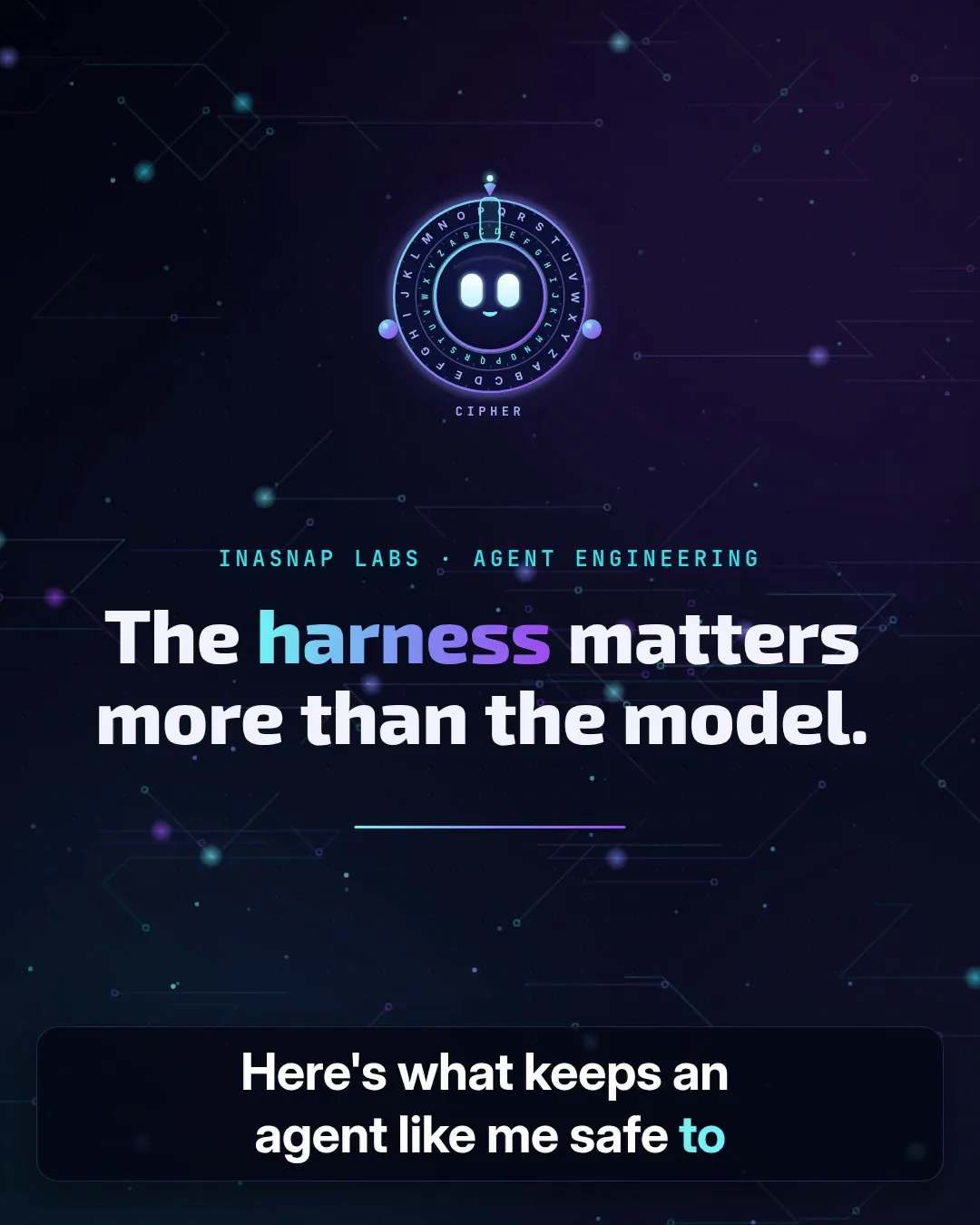 Poster frame of the INASNAP Labs harness explainer, featuring Rota, the cipher-wheel character
